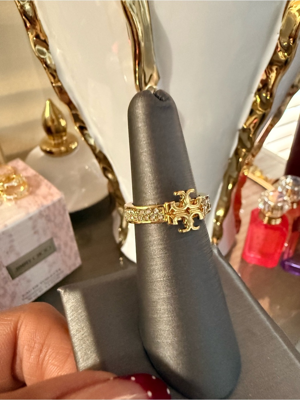 Tory Burch Gold Pave Crystal and Logo Ring